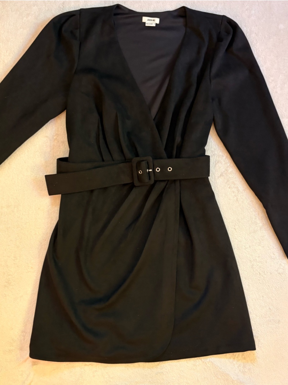 Jason Wu Black Stretch Faux Suede Long-Sleeve Wrap Dress Sz M